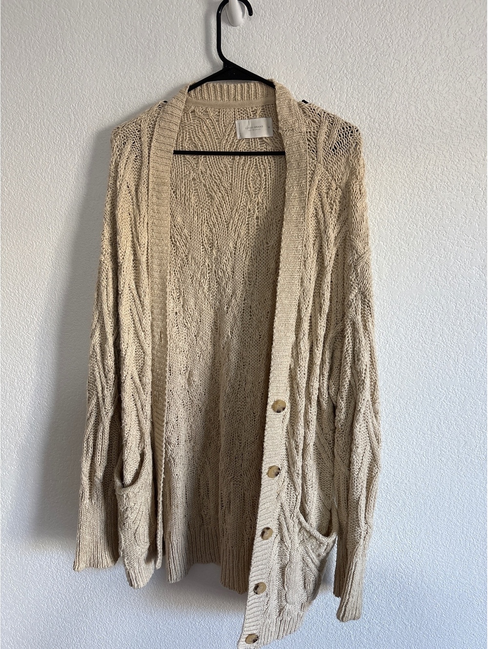 Lucky Brand Women's Medium Beige Cable Knit Button-Up Cardigan Sweater
